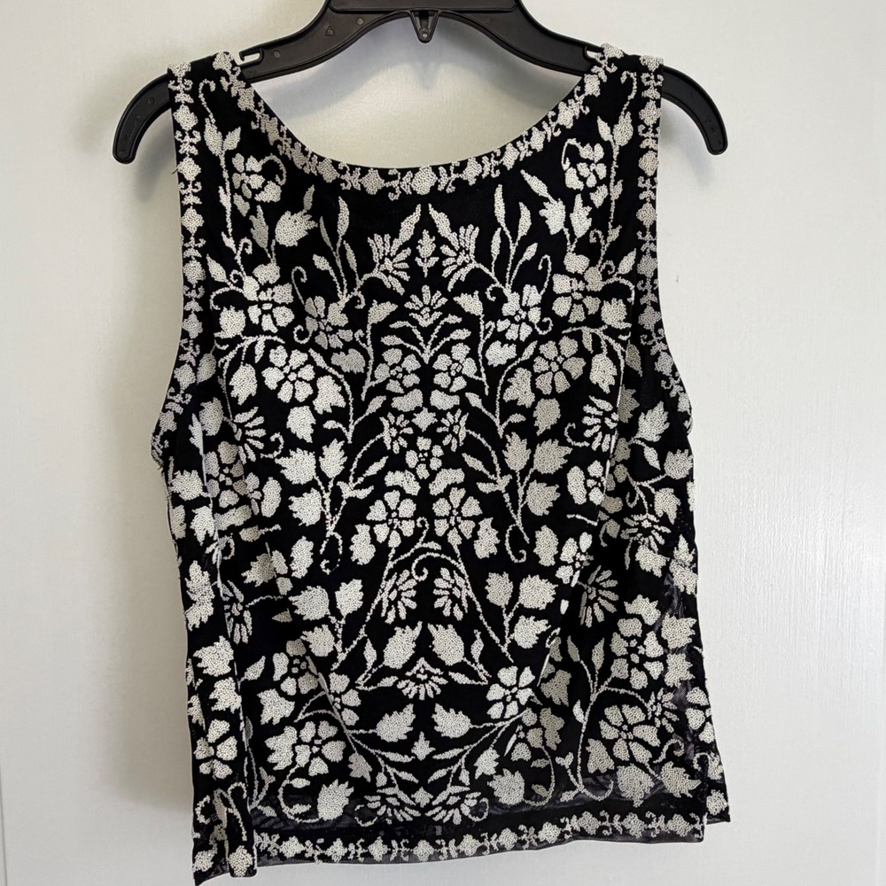 Tadashi Shoji Vintage 90s Beaded Floral Mesh Crop Top Womens XL Black White USA